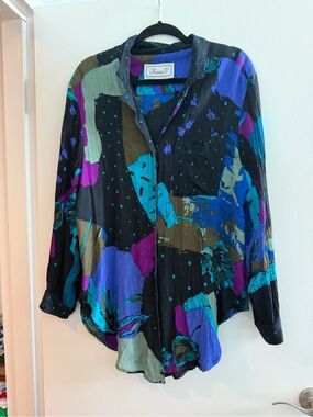 Vintage Abstract Print Button-Up Blouse in Black, Teal & Purple